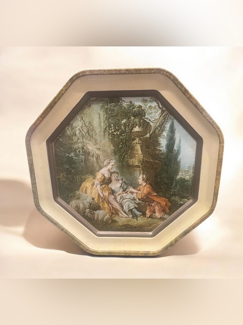 Vintage MCM Sunshine Biscuit tin lid featuring Rococo-style pastoral scene.